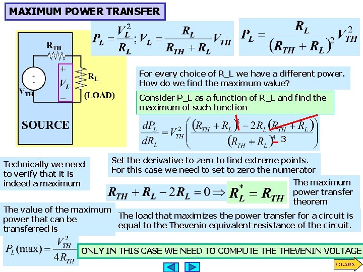 MAXIMUM POWER TRANSFER For every choice of R_L we have a different power. How