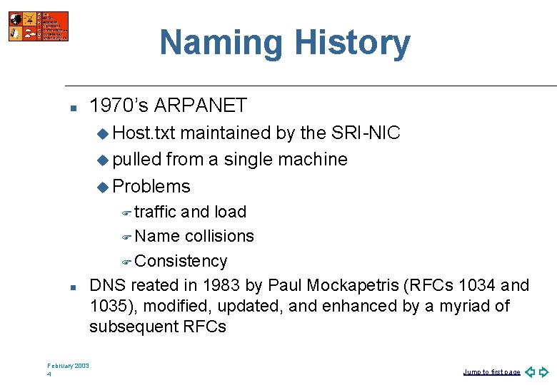 Naming History n 1970’s ARPANET u Host. txt maintained by the SRI-NIC u pulled
