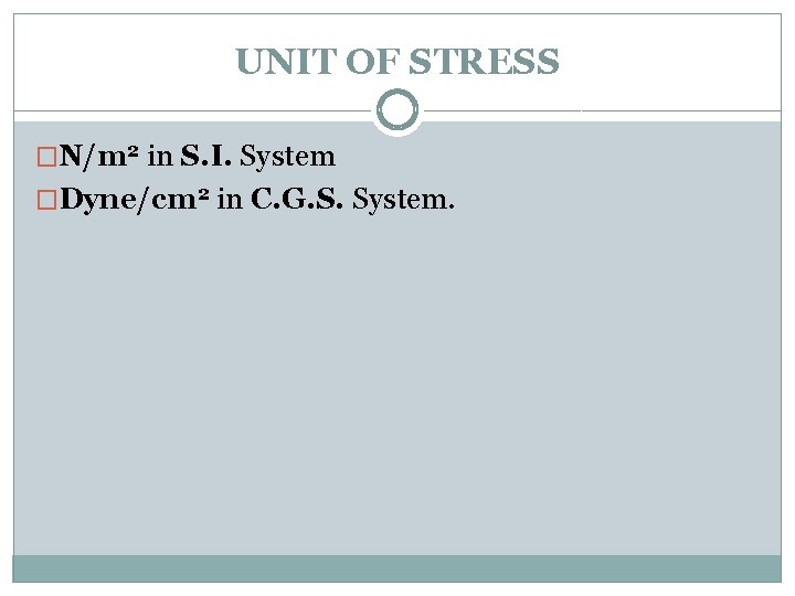 UNIT OF STRESS �N/m 2 in S. I. System �Dyne/cm 2 in C. G.