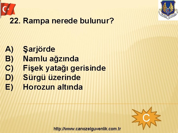 22. Rampa nerede bulunur? A) B) C) D) E) Şarjörde Namlu ağzında Fişek yatağı