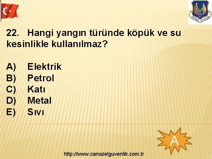 22. Hangi yangın türünde köpük ve su kesinlikle kullanılmaz? A) B) C) D) E)