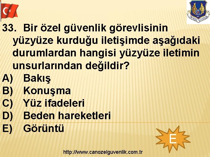 33. Bir özel güvenlik görevlisinin yüzyüze kurduğu iletişimde aşağıdaki durumlardan hangisi yüzyüze iletimin unsurlarından