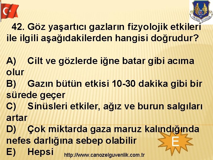 42. Göz yaşartıcı gazların fizyolojik etkileri ile ilgili aşağıdakilerden hangisi doğrudur? A) Cilt ve