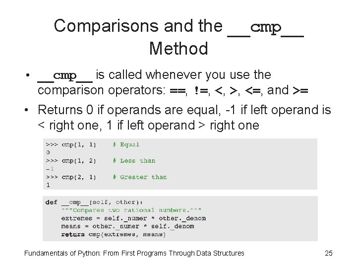 Comparisons and the __cmp__ Method • __cmp__ is called whenever you use the comparison