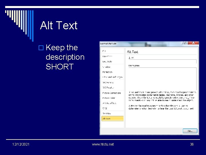 Alt Text o Keep the description SHORT 12/12/2021 www. htctu. net 36 