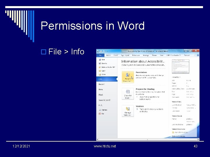 Permissions in Word o File > Info 12/12/2021 www. htctu. net 43 