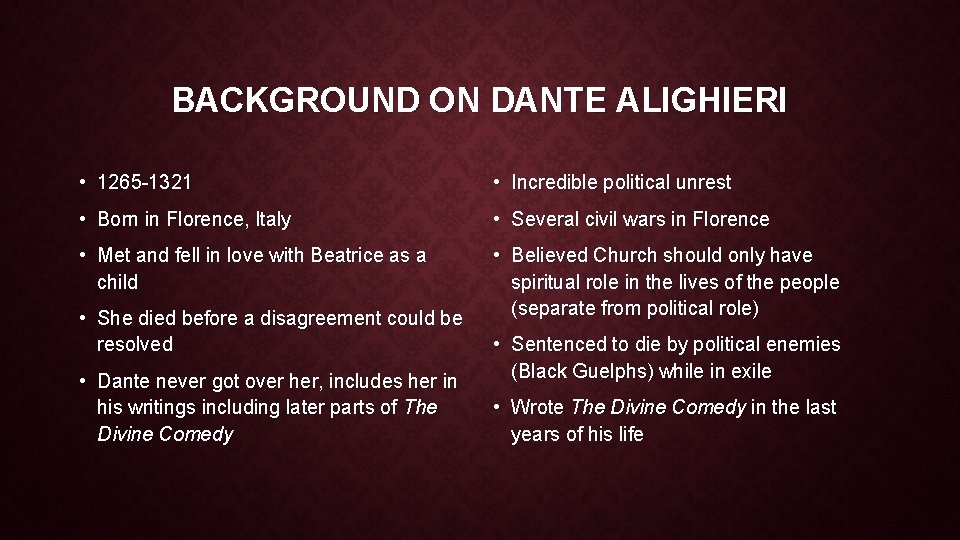 BACKGROUND ON DANTE ALIGHIERI • 1265 -1321 • Incredible political unrest • Born in