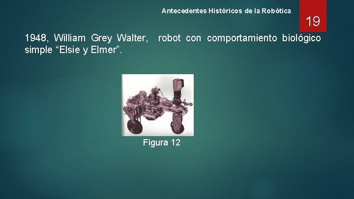 Antecedentes Históricos de la Robótica 1948, William Grey Walter, simple “Elsie y Elmer”. 19