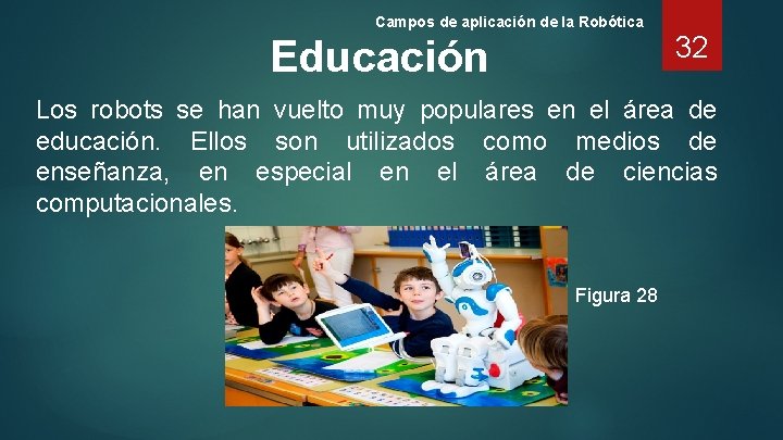 Campos de aplicación de la Robótica Educación 32 Los robots se han vuelto muy