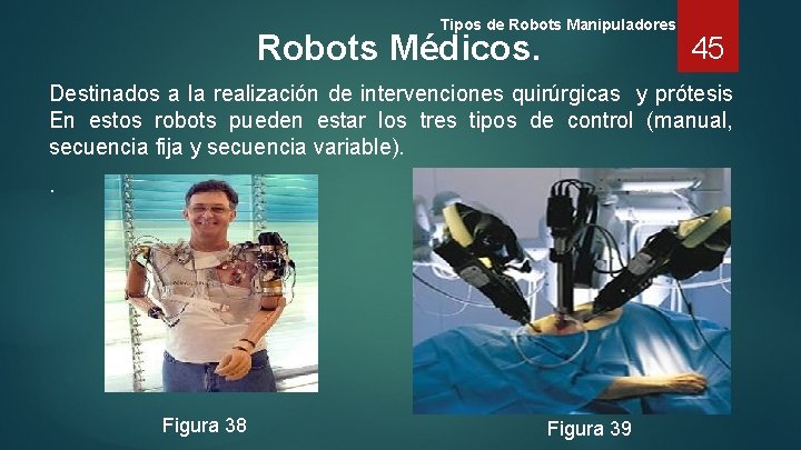 Tipos de Robots Manipuladores Robots Médicos. 45 Destinados a la realización de intervenciones quirúrgicas