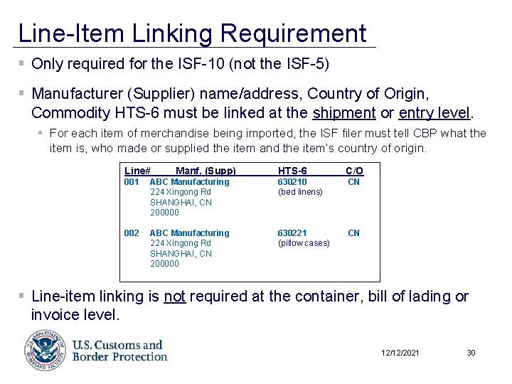 Line-Item Linking Requirement § Only required for the ISF-10 (not the ISF-5) § Manufacturer