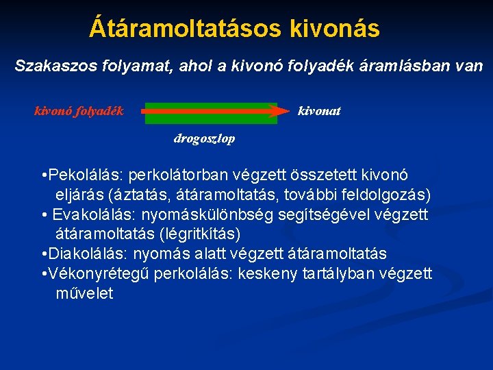 Átáramoltatásos kivonás Szakaszos folyamat, ahol a kivonó folyadék áramlásban van kivonó folyadék kivonat drogoszlop