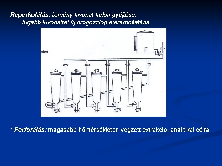 Reperkolálás: tömény kivonat külön gyűjtése, hígabb kivonattal új drogoszlop átáramoltatása * Perforálás: magasabb hőmérsékleten