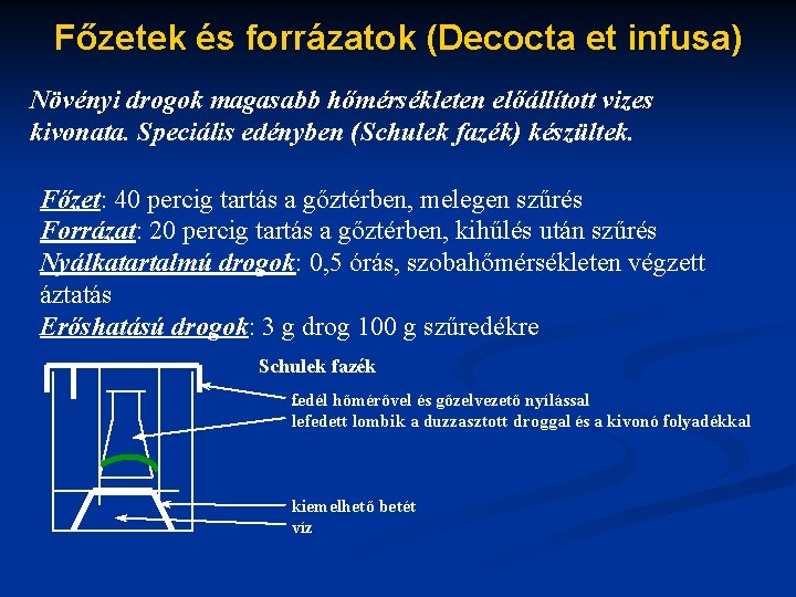 Főzetek és forrázatok (Decocta et infusa) Növényi drogok magasabb hőmérsékleten előállított vizes kivonata. Speciális