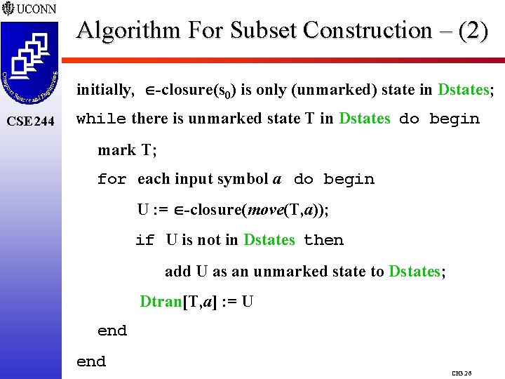 Algorithm For Subset Construction – (2) initially, -closure(s 0) is only (unmarked) state in