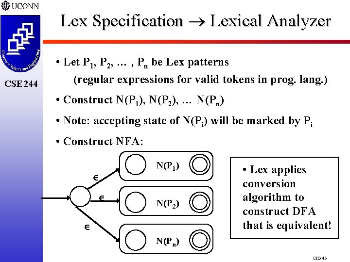 Lex Specification Lexical Analyzer CSE 244 • Let P 1, P 2, … ,