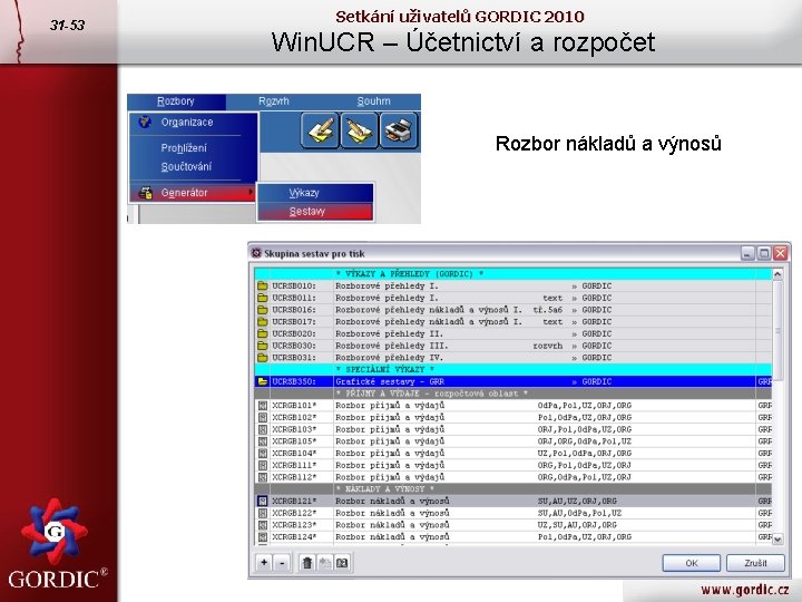 31 -53 Setkání uživatelů GORDIC 2010 Win. UCR – Účetnictví a rozpočet Rozbor nákladů