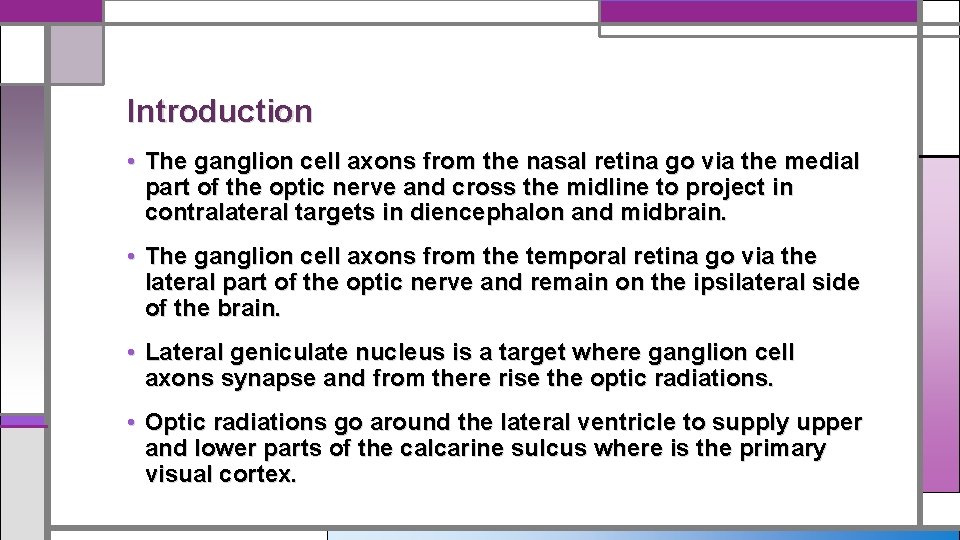 Introduction • The ganglion cell axons from the nasal retina go via the medial
