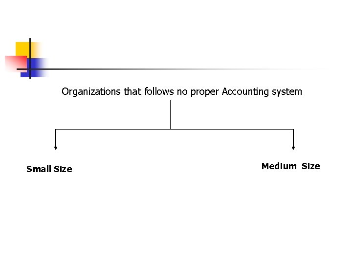 Organizations that follows no proper Accounting system Small Size Medium Size 