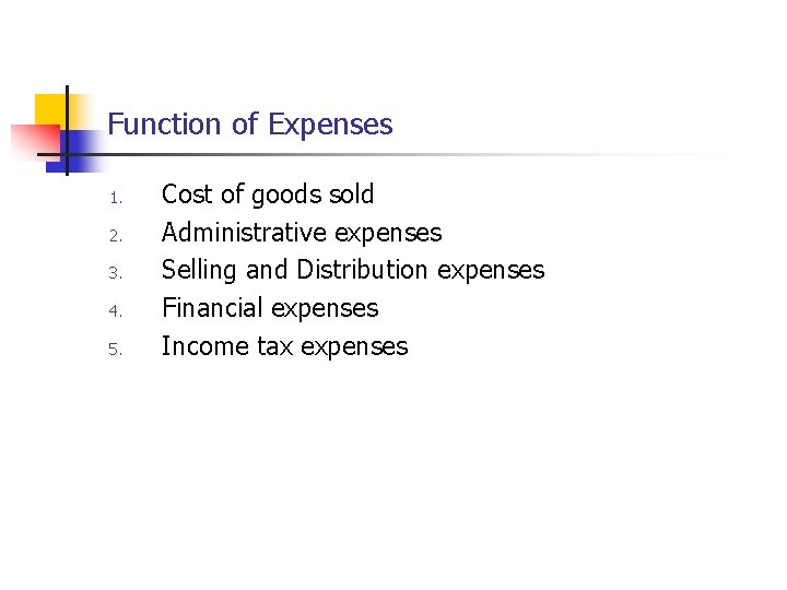 Function of Expenses 1. 2. 3. 4. 5. Cost of goods sold Administrative expenses