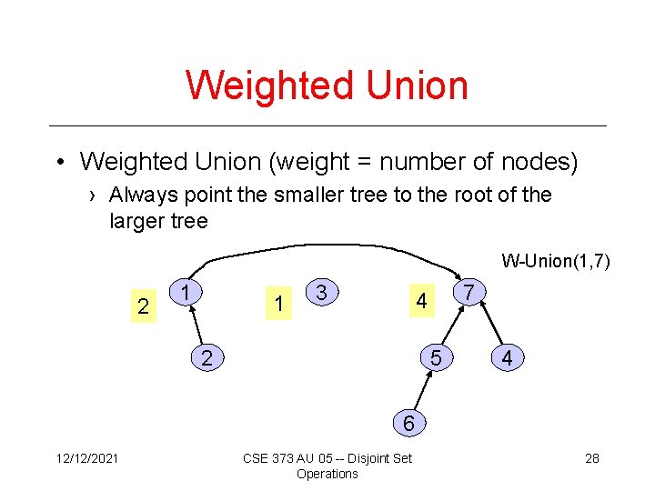 Weighted Union • Weighted Union (weight = number of nodes) › Always point the