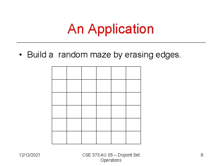 An Application • Build a random maze by erasing edges. 12/12/2021 CSE 373 AU