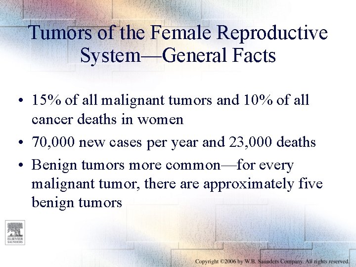 Tumors of the Female Reproductive System—General Facts • 15% of all malignant tumors and