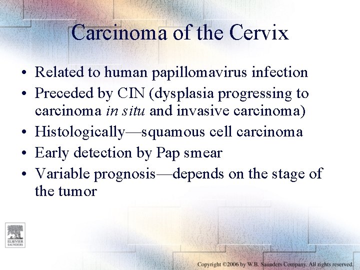 Carcinoma of the Cervix • Related to human papillomavirus infection • Preceded by CIN