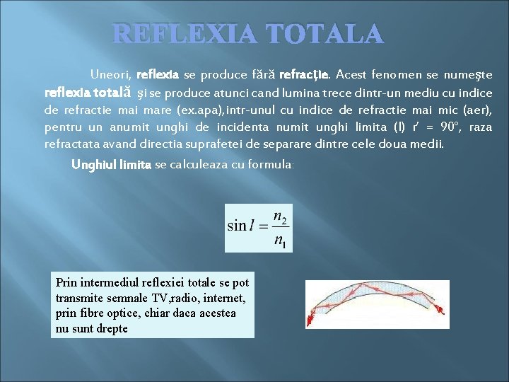 REFLEXIA TOTALA Uneori, reflexia se produce fără refracţie. Acest fenomen se numeşte reflexia totală