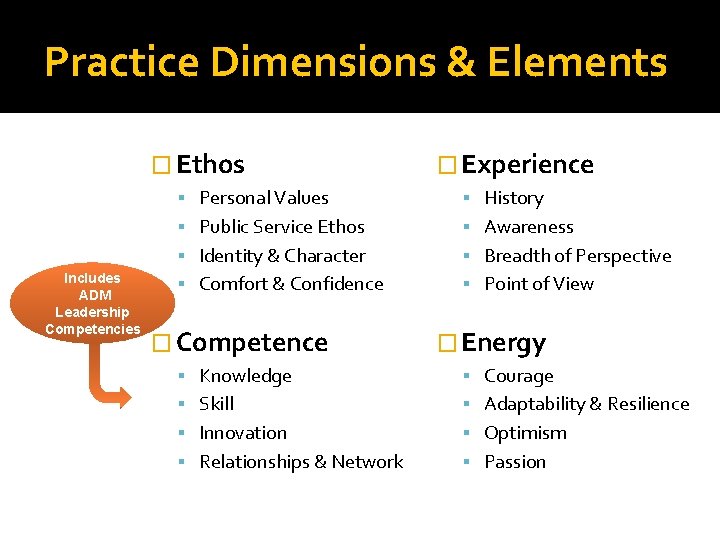 Practice Dimensions & Elements � Ethos Includes ADM Leadership Competencies � Experience Personal Values