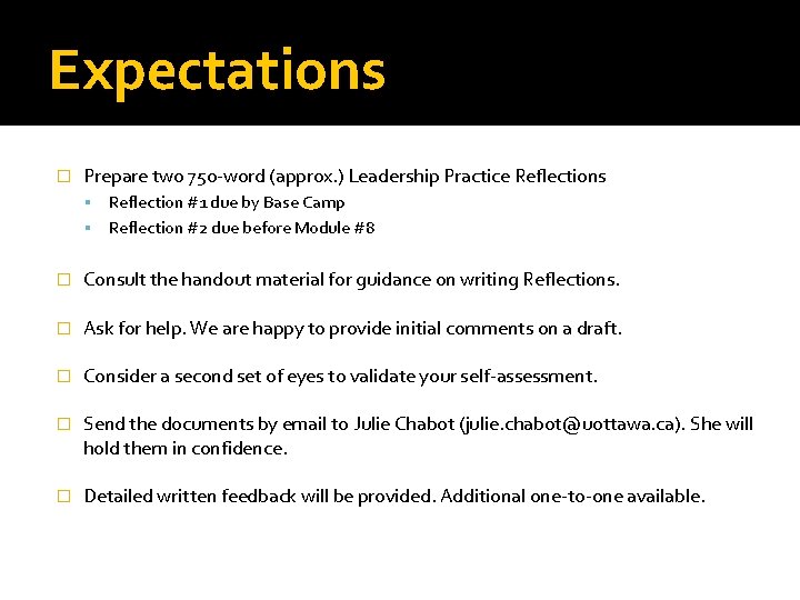 Expectations � Prepare two 750 -word (approx. ) Leadership Practice Reflections Reflection #1 due