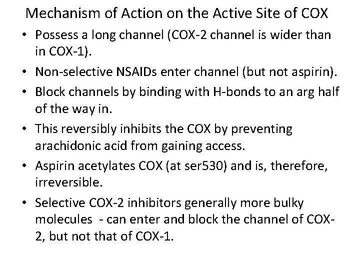 Mechanism of Action on the Active Site of COX • Possess a long channel