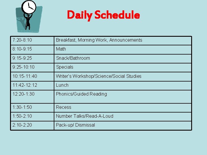 Daily Schedule 7: 20 -8: 10 Breakfast, Morning Work, Announcements 8: 10 -9: 15