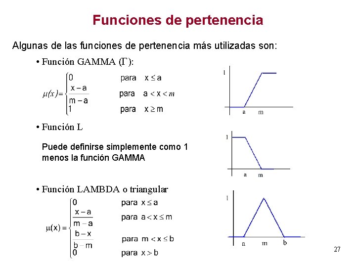 Funciones de pertenencia Algunas de las funciones de pertenencia más utilizadas son: • Función