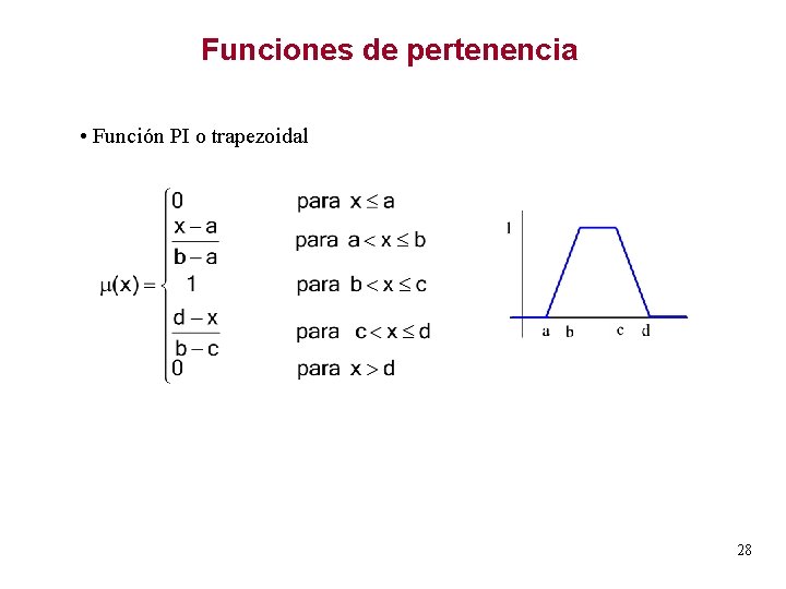 Funciones de pertenencia • Función PI o trapezoidal 28 