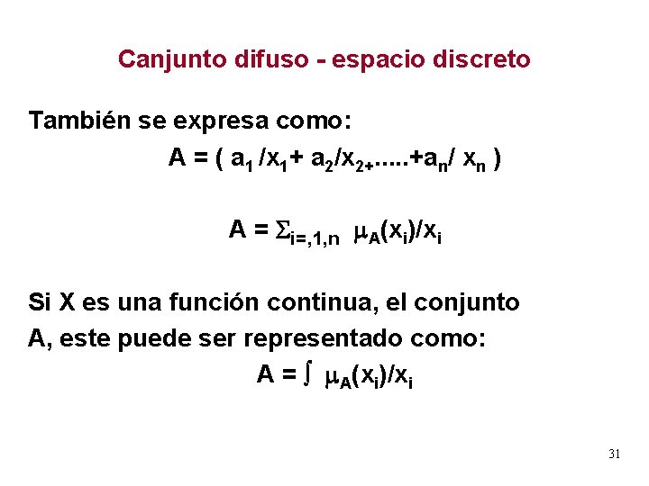 Canjunto difuso - espacio discreto También se expresa como: A = ( a 1