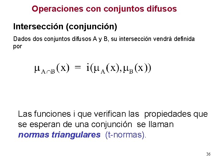Operaciones conjuntos difusos Intersección (conjunción) Dados conjuntos difusos A y B, su intersección vendrá