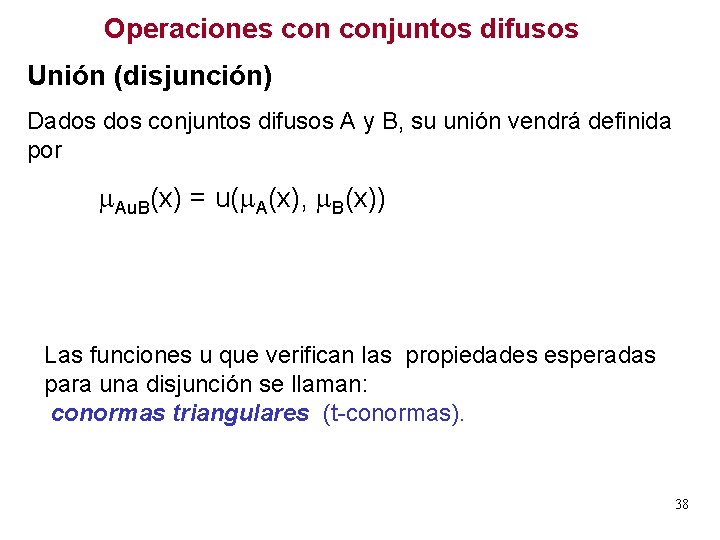 Operaciones conjuntos difusos Unión (disjunción) Dados conjuntos difusos A y B, su unión vendrá