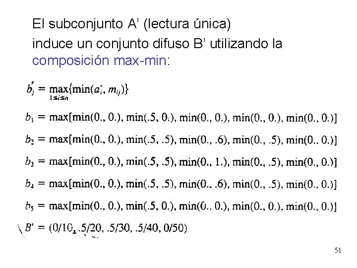 El subconjunto A’ (lectura única) induce un conjunto difuso B’ utilizando la composición max-min: