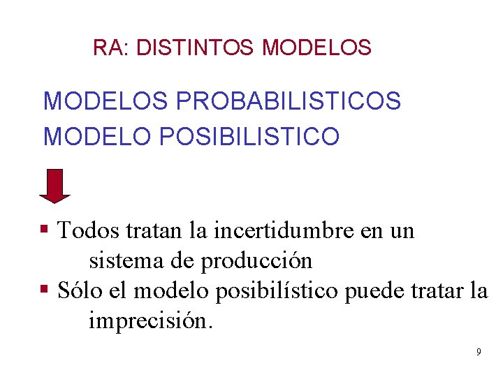RA: DISTINTOS MODELOS PROBABILISTICOS MODELO POSIBILISTICO § Todos tratan la incertidumbre en un sistema