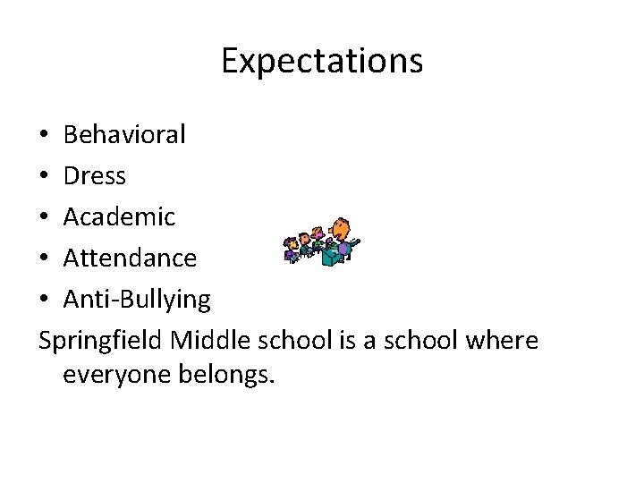 Expectations • Behavioral • Dress • Academic • Attendance • Anti-Bullying Springfield Middle school