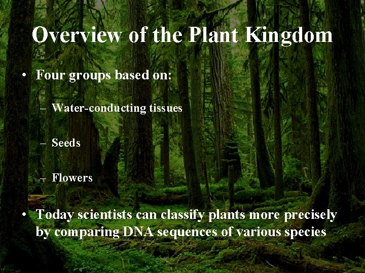 Overview of the Plant Kingdom • Four groups based on: – Water-conducting tissues –