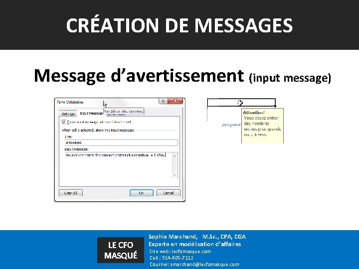 CRÉATION DE MESSAGES Message d’avertissement (input message) LE CFO MASQUÉ Sophie Marchand, M. Sc.