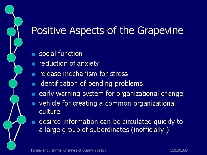 Positive Aspects of the Grapevine n n n n social function reduction of anxiety