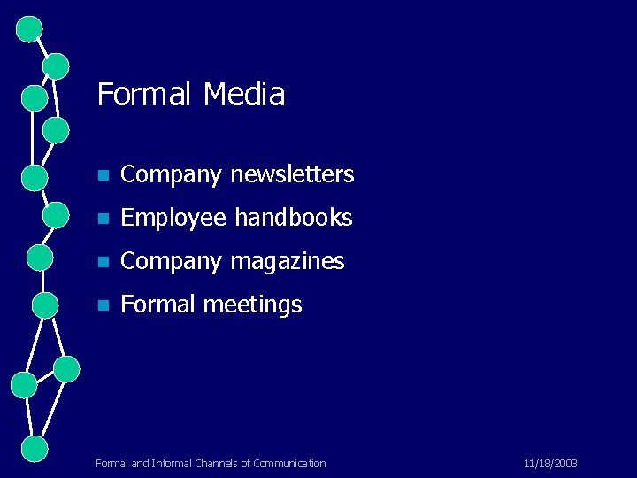 Formal Media n Company newsletters n Employee handbooks n Company magazines n Formal meetings