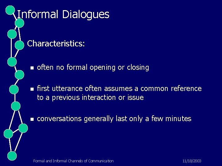 Informal Dialogues Characteristics: n often no formal opening or closing n first utterance often