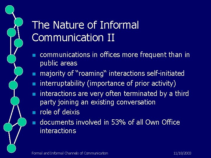 The Nature of Informal Communication II n n n communications in offices more frequent