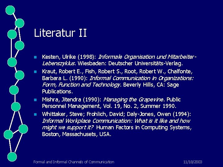 Literatur II n n Kesten, Ulrike (1998): Informale Organisation und Mitarbeiter. Lebenszyklus. Wiesbaden: Deutscher