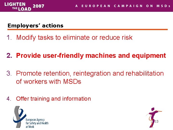 Employers’ actions 1. Modify tasks to eliminate or reduce risk 2. Provide user-friendly machines