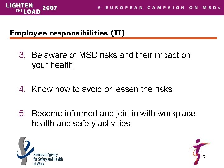 Employee responsibilities (II) 3. Be aware of MSD risks and their impact on your